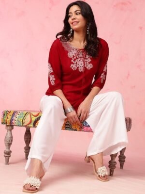Anouk Floral Embroidered Tie Up Neck Three-Quarter Sleeves Short Kurti