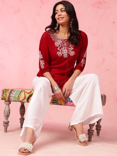 Anouk Floral Embroidered Tie Up Neck Three-Quarter Sleeves Short Kurti