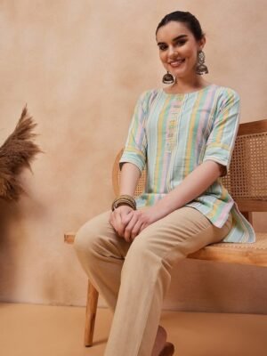 Anouk Sea Green & Pink Striped Sequinned Pure Cotton Straight Kurti