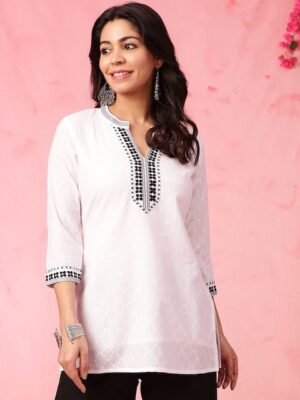 Anouk White Woven Design Thread Work Mandarin Collar Pure Cotton Straight Kurti