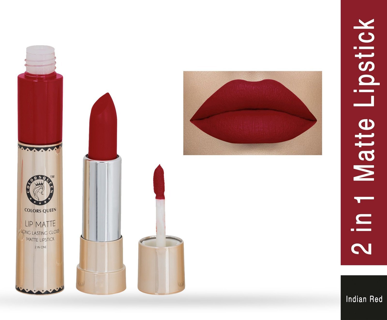 COLORS QUEEN 2 In 1 Matte Lip Gloss and Lipstick | Shade Indian Red - 26