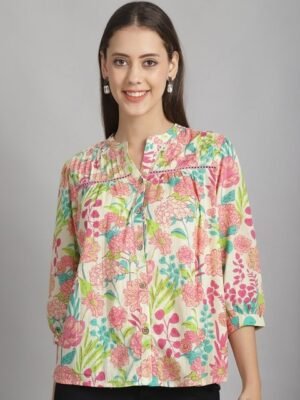 Frempy Floral Printed Mandarin Collar Cuffed Sleeves Pure Cotton Top