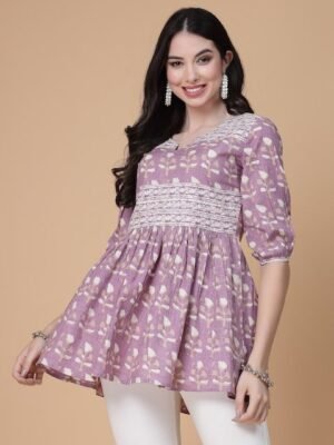 God Bless Floral Printed Puff Sleeves Pure Cotton A-Line Kurti