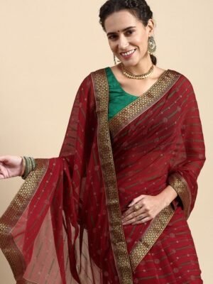 Indian Women Striped Zari Saree