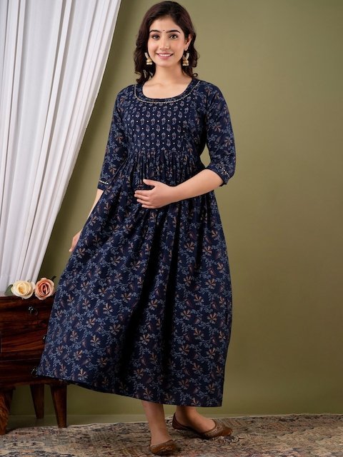 JAIPURFAME Ethnic Motifs Printed Round Neck Three-Quarter Sleeves Cotton Anarkali Kurta
