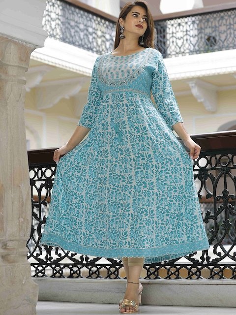 KALINI Ethnic Motifs Printed Three-Quarter Sleeves Gotta Patti Anarkali Kurta