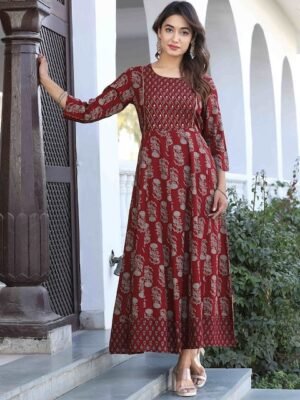 KALINI Ethnic Motifs Printed Three-Quarter Sleeves Gotta Patti Anarkali Kurta