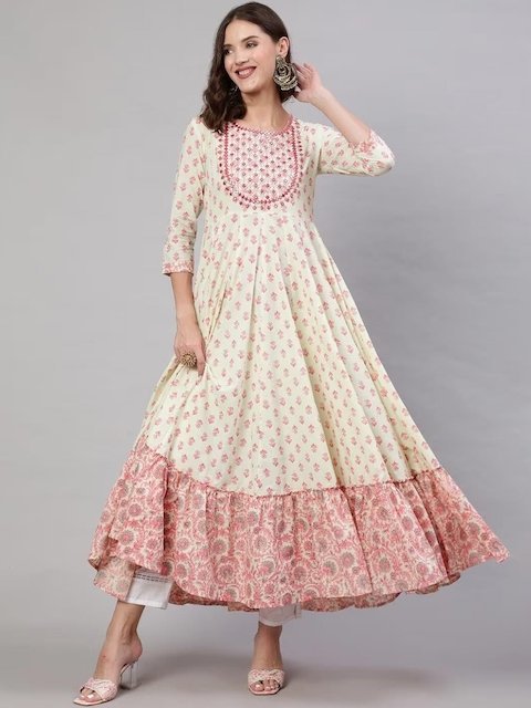 KALINI Floral Motifs Printed Mirror Work Anarkali Kurta