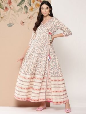 KALINI Floral Printed Tie-Up Detail Angrakha Style Anarkali Kurta
