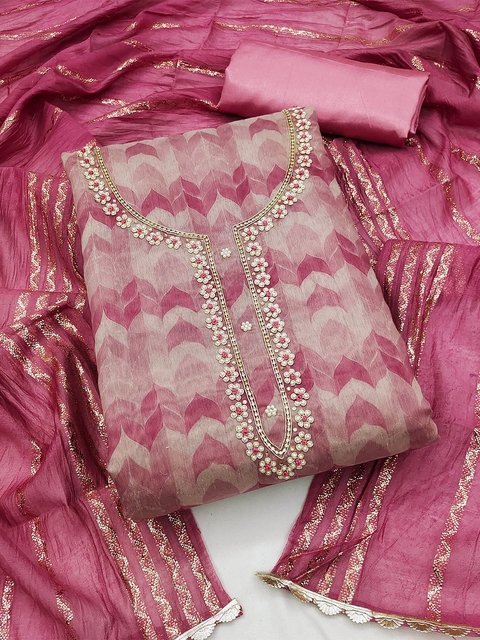 KALINI Geometric Printed Embellished Unstitched Dress Material