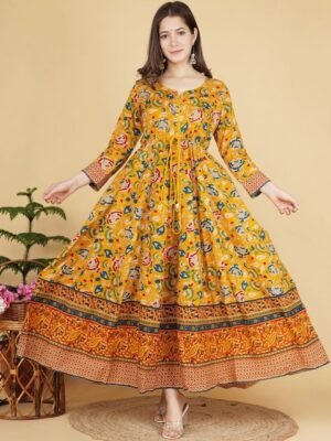 KALINI Women Mustard Yellow Floral Printed Anarkali Fusion Kurta