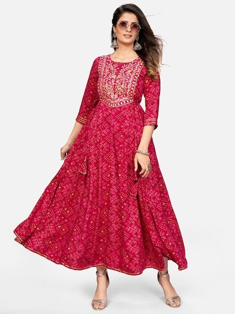 KALINI Women Pink Bandhani Printed Mirror Work Anarkali Kurta