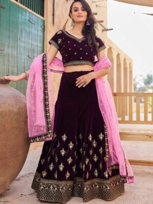 Kedar Fab Embroidered Velvet Semi-Stitched Lehenga & Unstitched Blouse With Dupatta