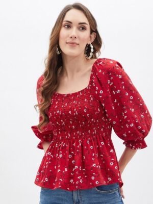 Kibo Floral Print Crepe Cinched Waist Top