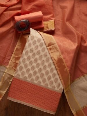 Koskii Gold-Toned & Orange Embroidered Art Silk Unstitched Dress Material