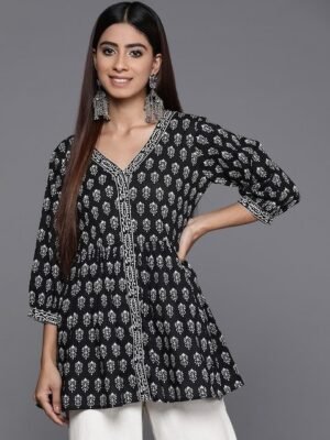 Libas Ethnic Motifs Block Print V-Neck Pure Cotton Pleated A-Line Kurti
