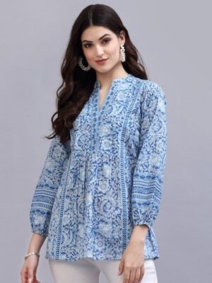 QOMN Blue Print Mandarin Collar Empire Pure Cotton Longline Top