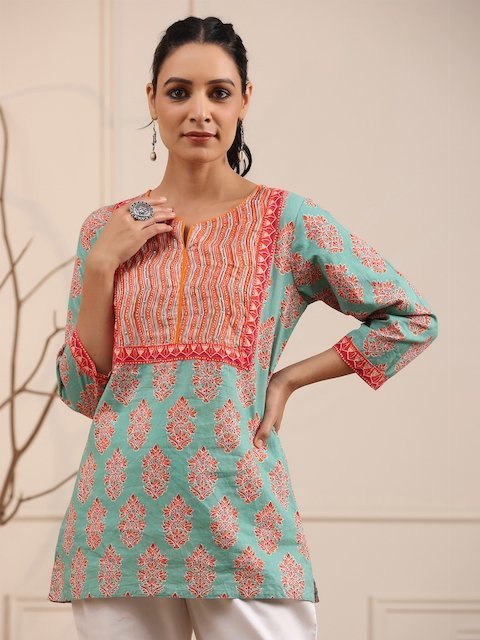 Rain & Rainbow Ethnic Printed Sequinned Detail Pure Cotton Kurti
