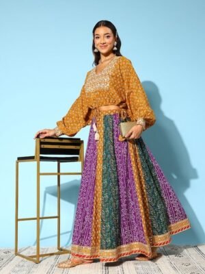 Sangria Bandhani Print Cotton Ready to Wear Fusion Lehenga Set