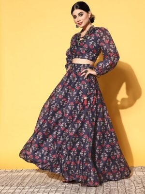 Shae by SASSAFRAS Navy Blue Printed Ready to Wear Lehenga Choli