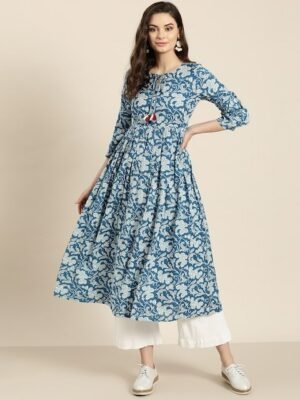 Shae by SASSAFRAS Women Blue & Off-White Printed Anarkali Kurta