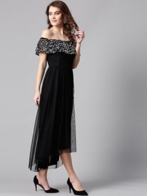 STREET 9 Women Black Embellished Detail Net Maxi Dress