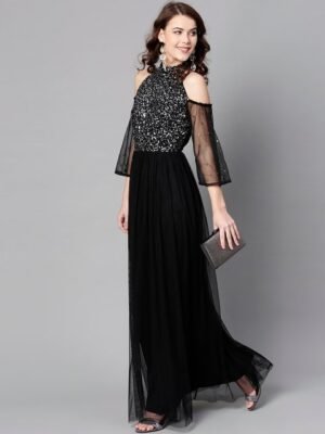 STREET 9 Women Black Solid Maxi Dress with Sequinned Detail