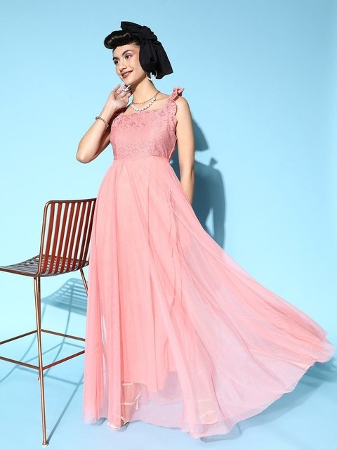 U&F Women Pink Solid Elevated Gown Dress