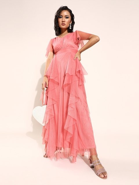 U&F Women Pretty Pink Solid Sweetheart Neck Maxi Dress