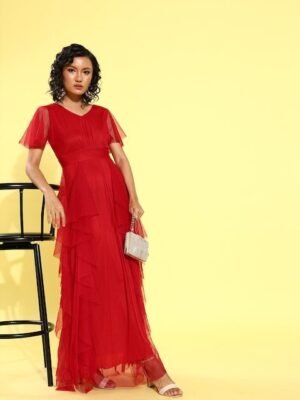 U&F Women Red Solid Layered Maxi Dress