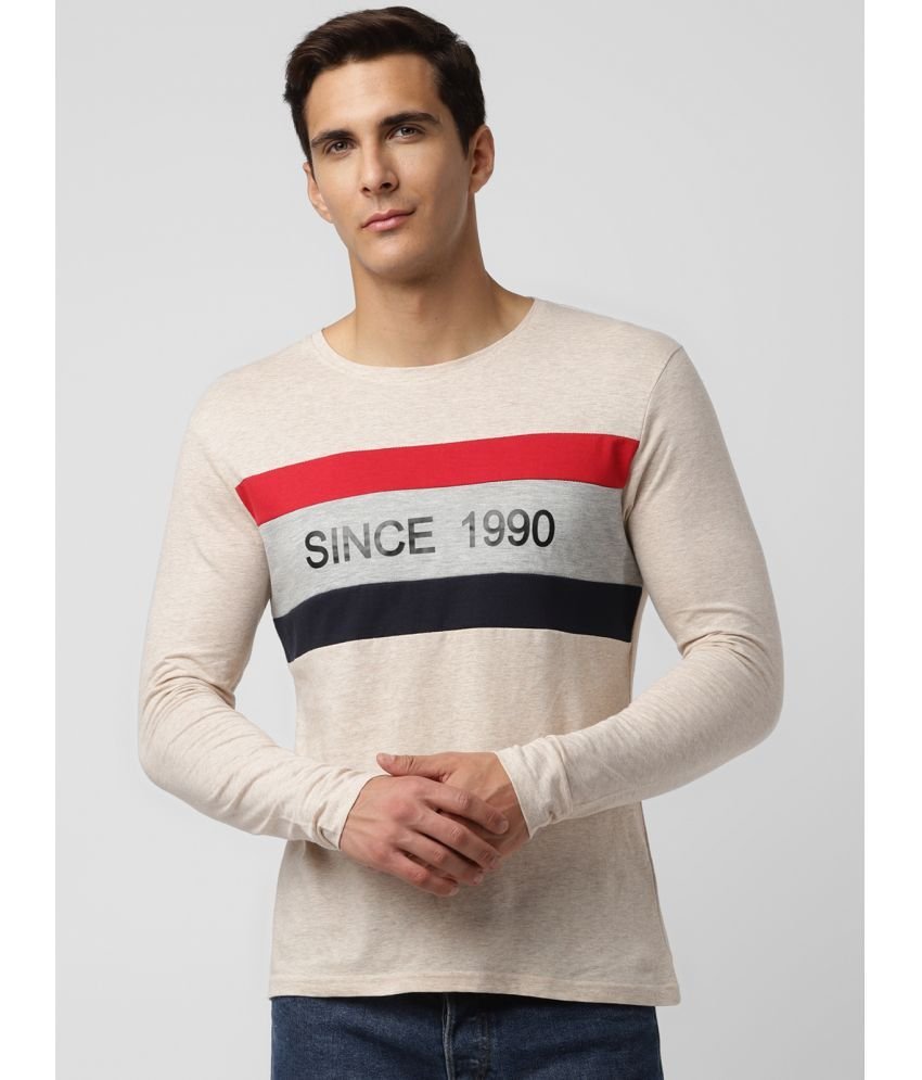 UrbanMark Mens Regular Fit Round Neck Full Sleeves Colorblock T Shirt -Beige & Grey