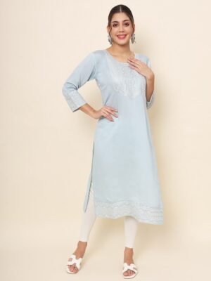Beautifull rayon printed les work kurta with duppta set