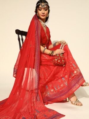 Embroidered Silk Semi Stitched Lehenga & Unstitched Blouse With Dupatta