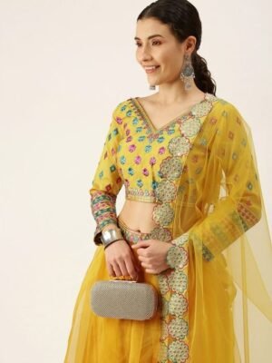 Embroidered Silk Semi Stitched Lehenga & Unstitched Blouse With Dupatta