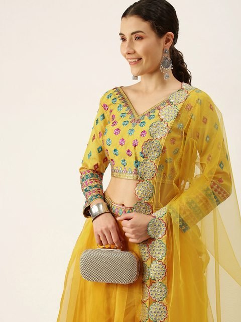 Embroidered Silk Semi Stitched Lehenga & Unstitched Blouse With Dupatta