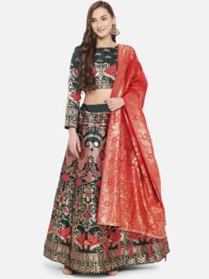 Embroidered Silk Semi Stitched Lehenga & Unstitched Blouse With Dupatta