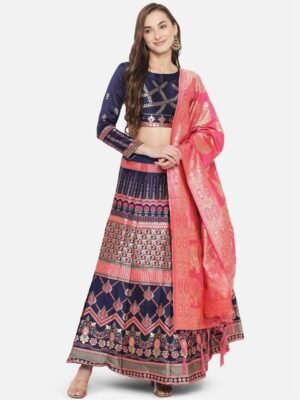 Embroidered Silk Semi Stitched Lehenga & Unstitched Blouse With Dupatta
