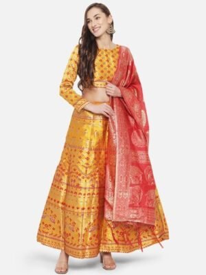 Embroidered Silk Semi Stitched Lehenga & Unstitched Blouse With Dupatta