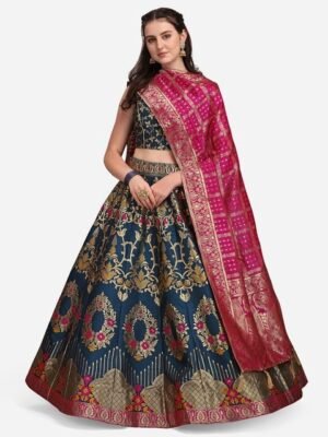 Embroidered Silk Semi Stitched Lehenga & Unstitched Blouse With Dupatta