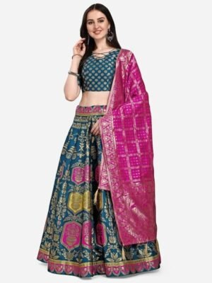Embroidered Silk Semi Stitched Lehenga & Unstitched Blouse With Dupatta
