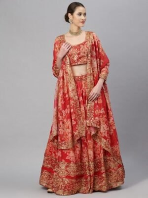 Embroidered Silk Semi Stitched Lehenga & Unstitched Blouse With Dupatta