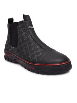 black synthetic slip on boots