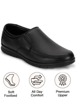UrbanMark Men Comfortable Round-Toe Faux Leather Slip On Formal Shoes- Black