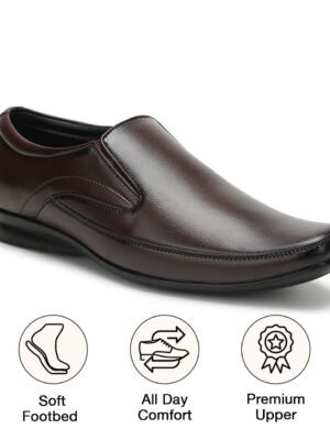 UrbanMark Men Comfortable Square-Toe Faux Leather Slip On Formal Shoes- Brown