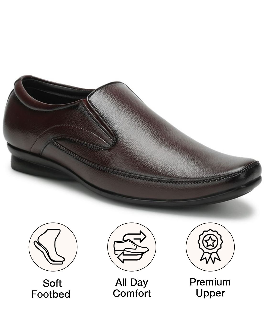 UrbanMark Men Comfortable Square-Toe Faux Leather Slip On Formal Shoes- Brown