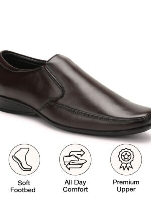 UrbanMark Men Light Weight Square-Toe Faux Leather Slip-On Formal Shoes- Brown