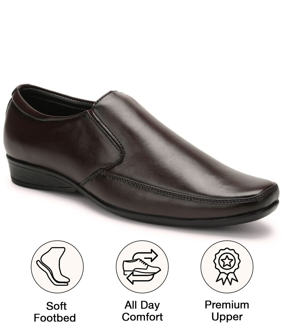 UrbanMark Men Light Weight Square-Toe Faux Leather Slip-On Formal Shoes- Brown