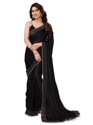 ANAND SAREES Striped Beads and Stones Satin Saree