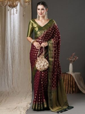 Anouk Burgundy & Green Ethnic Motifs Woven Design Zari Pure Georgette Kanjeevaram Saree