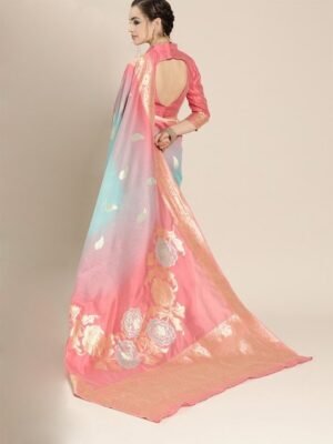 Anouk Pink & Blue Ethnic Motifs Woven Design Zari Banarasi Saree